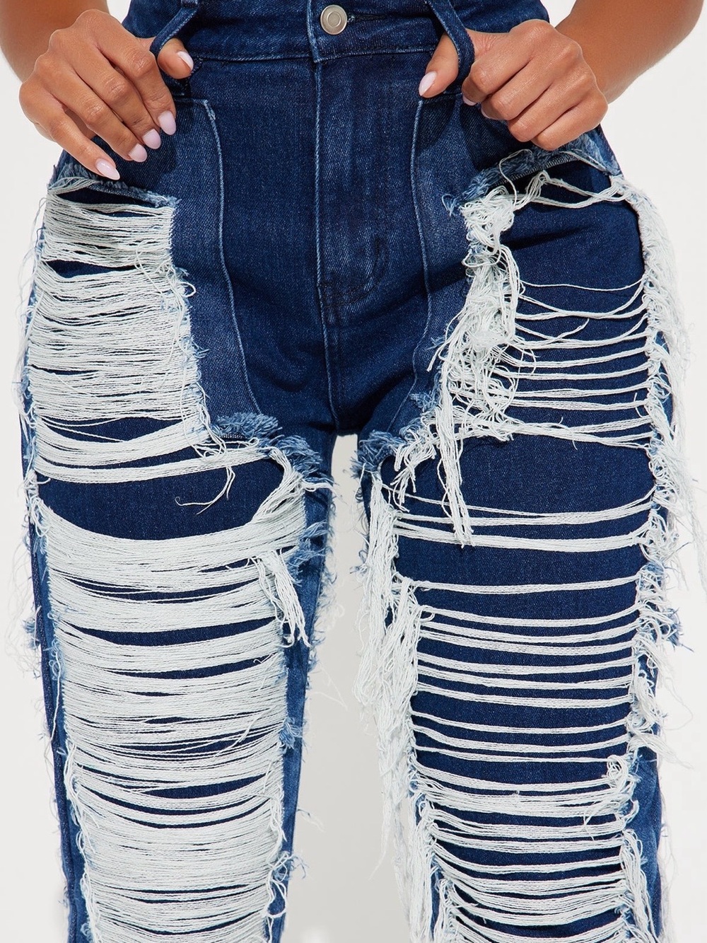 Fashion Nova Distressed Dark Blue Flare Jeans - Picture 3 of 6